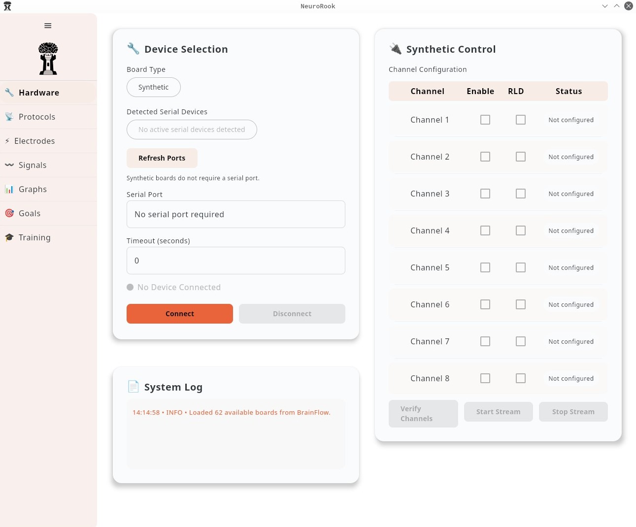 Neuro Rook desktop UI — Hardware tab with synthetic board and channel configuration